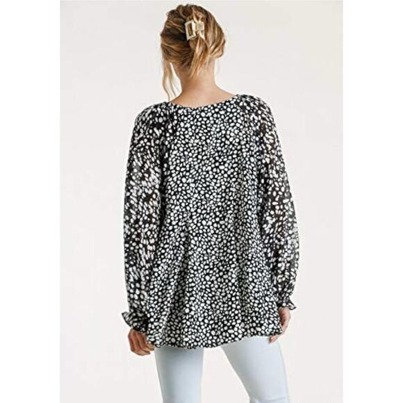 Umgee Women's Dalmation Print Balloon Ruffle SleeveTop Small - Picture 3 of 5